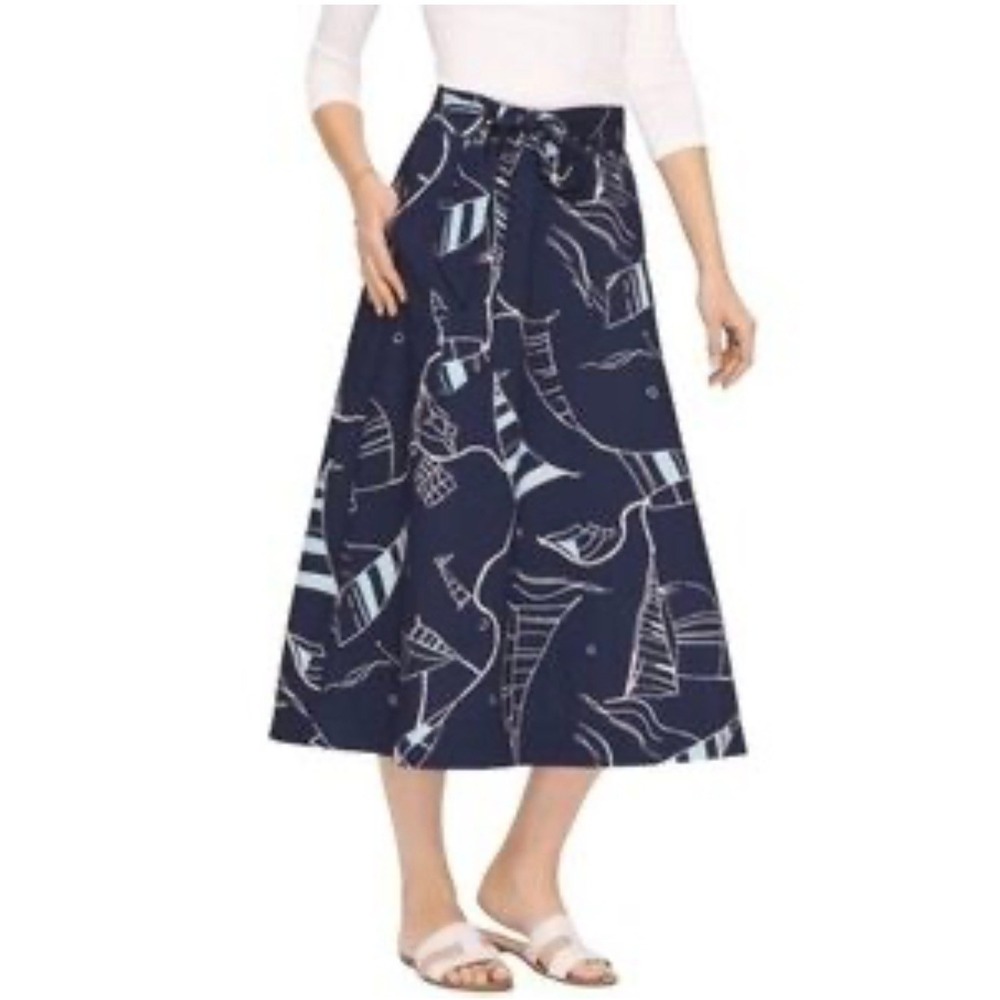 Talbots Women's Navy Blue Sailboat Print Cotton Midi‎ A-Line Skirt Size 14 NWT